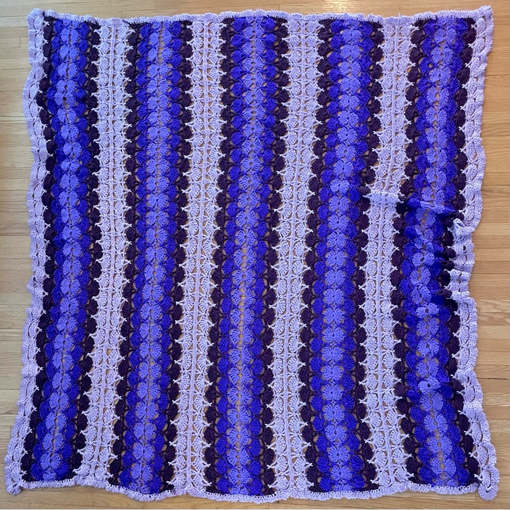 Handmade Shell Stitch Crochet Afghan 64" x 53" Purple Lavender Aubergine Stripe